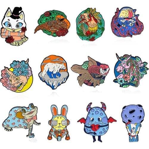 9 styles Creative animals badge Cats fish octopus Polar bear Frog rabbit bird horse Enamel Brooch iceberg flower leaf Lapel Pin