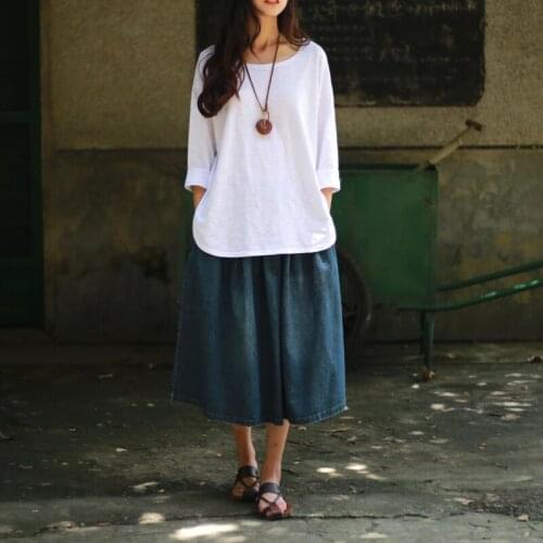 Women Autumn/Spring Literary Loose Batwing Sleeve T shirts Cotton slub Solid color O-neck All match t-shirt Tops