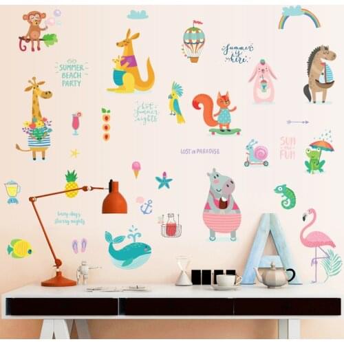 Lovely Kangaroo Whale Snail Zebra Animals Playing Wall Sticker For Kids Bedroom Decoration Cartoon Wall Mural Art Home Decals
