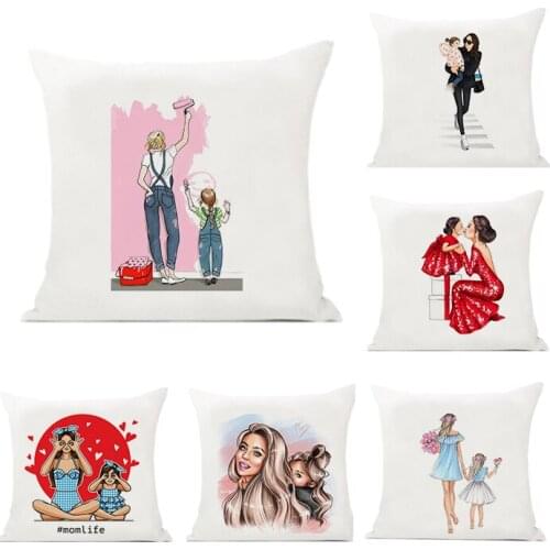 Fashion Cute Cartoon Super Mama Cushion Cover Decor Mom and Baby Pillow Case for Sofa Home Pillowcase Decorative Pillows 45*45cm