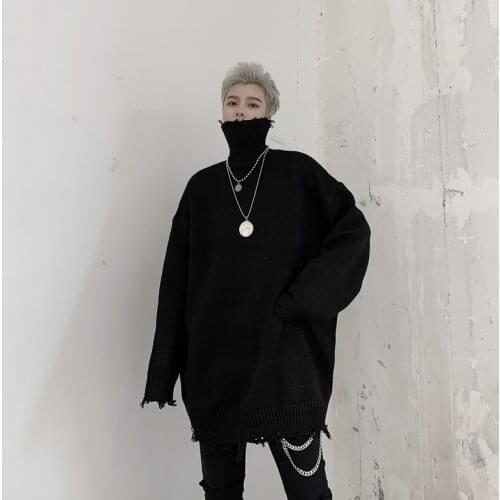 2021 New Turtleneck Hole Loose Solid Knitted Pullover Sweater Autumn Winter Male Women Street Hip Hop Punk Gothic Sweater