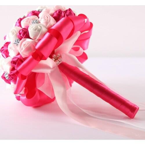 New arrived fushia +pink +white Artificial Flowers rhinestone Wedding Bridal Bouquets Durable Silk Throw Wedding Bouquet Custom