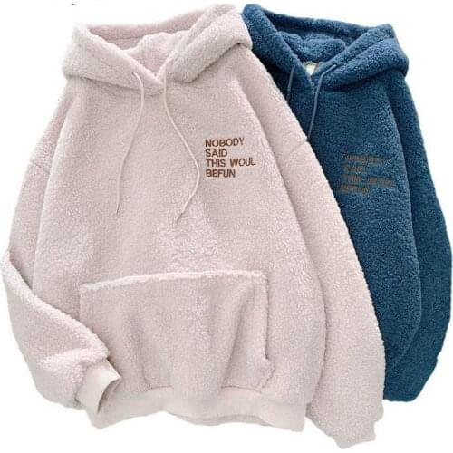 Autumn And Winter Fashion Warm Hooded Embroidery Letters Harajuku Print Loose Pocket Hoodies Womens Flannel Pullover Sweatshirt