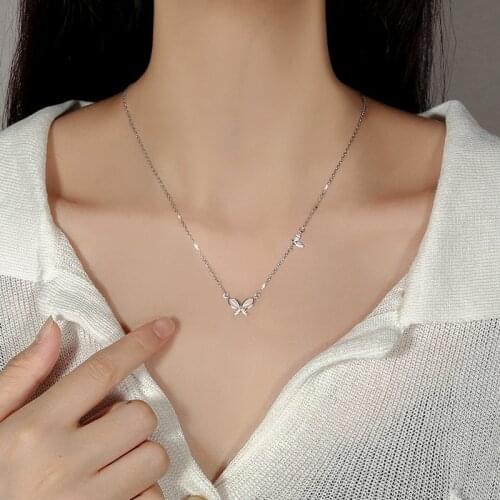Utimtree New Double Butterflies Clavicle Necklaces for Women 925 Silver Jewelry Clear Micro Cubic Zirconia Pendants Necklace