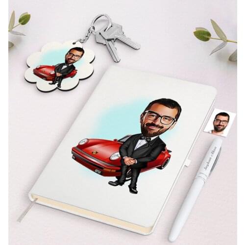 Personalized Men 'S Boss Caricature Of White Notebook pen And Keychain Gift Seti-1 Reliable Quality Gift Casual design