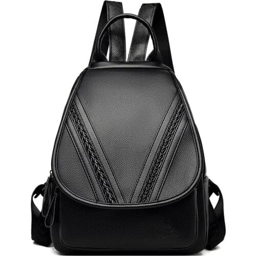 Women Soft Leather Backpack Black Casual School Backpacks for Teenage Girl Simple Mochila Quality Texture Solid Color Back Pack