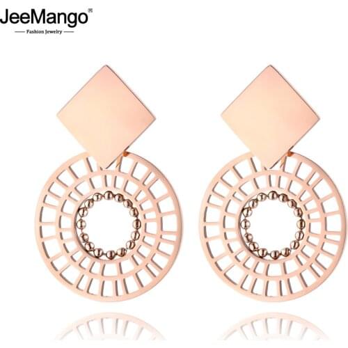 JeeMango Stainless Steel Earring Rose Gold Color Square & Hollow Out Round Disc Stud Earrings Gift For Women Girl JE18447