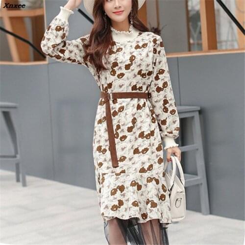 Floral Print Chiffon Dress 2018 Women New Fshion Autumn Casual Turtleneck Long Sleeve A-Line Party Dresses Vestidos Xnxee