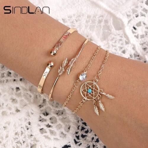 Sindlan 4PCs Gold Thick Feather Bangles Bracelets Set Boho Dreamcatcher Charm Kpop Cool Gift for Women Wrist Femme Jewelry