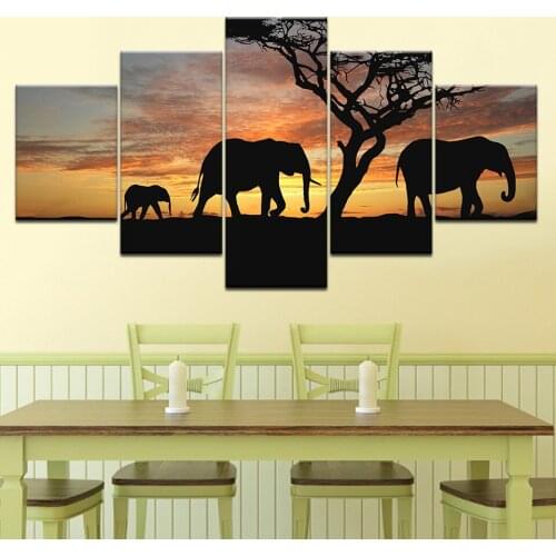 Elephant Sunset free shipping 5 Panels Wallpapers modern Modular Poster art Canvas painting for Living Room Home Decor