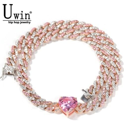 Uwin 9mm Miami With Square and Heart CZ Cuban Link Necklaces Chains Gold Luxury Bling Bling Jewelry Fashion Hiphop