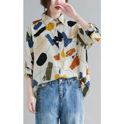 Spring Fashion Color Graphitti Printed Women Shirt Blouse Long Sleeved Casual Tops All-Match Vintage Lapel Shirts Camisas Mujer