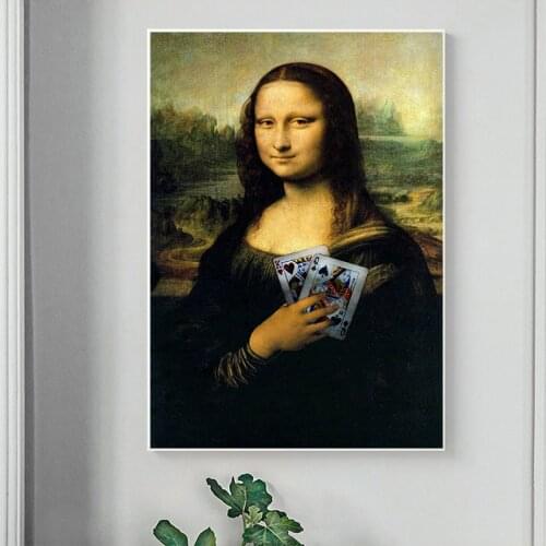 Funny Mona Lisa Holding Playing Cards Oil on Canvas Painting Posters and Prints Wall Art Picture for Living Room Cuadro