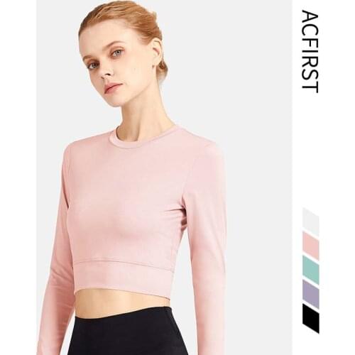 AcFirst Women Long Sleeve Running Shirts Breathable Sexy Midriff Yoga T-shirts Sports Shirts Quick Dry Fitness Gym Crop Tops