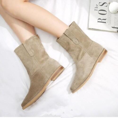 2021 Round Toe Slip On Flat Leather Boots Shoes Autumn Winter For Women British Style Gladiator Woman Comfortable Short Boots