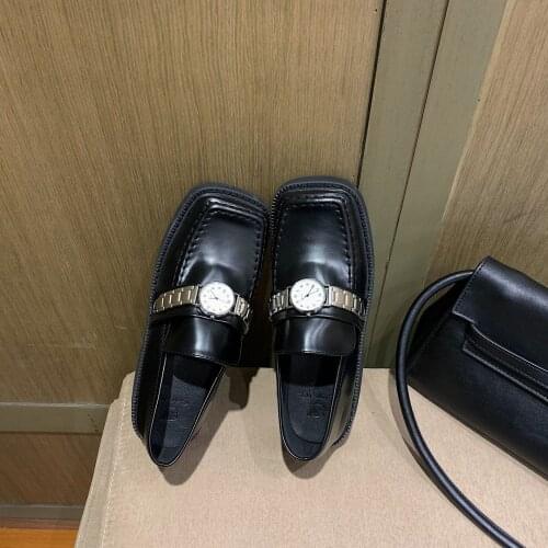 Celebrity Wrist watch small leather shoes women 2021 mary jane creepers loafers derby square toe thick heels oxfords woman flats