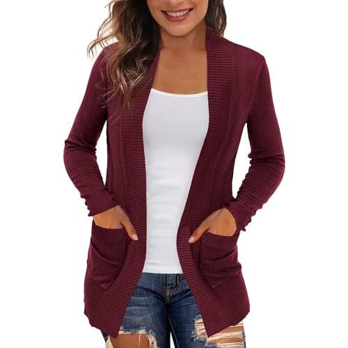 Womens Solid Leisure Sweater Cardigans With Pockets Casual Lightweight Open Front Cardigan Slim Autumn Female Sweaters