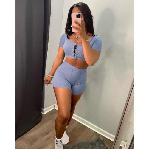 Women Summer Casual Knitted Rib Short Tracksuit Women Sexy Lounge Wear Crop Top + Biker Shorts Slim Two Piece Set Outfits Suit