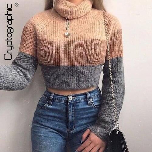 Cryptographic Fashion Womens Turtlenecks Sweaters Striped Long Sleeve Knitted Pullovers Females Jumpers Cropped Sweaters Fall