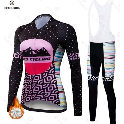 Women Winter Cycling Clothing Set Long Sleeve Thermal Fleece Bike Jersey Sport Warm Bib Tight Suit Cycling Road Bike Suit
