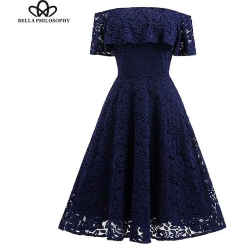 Bella Philosophy Lace Skater Dress Female Vintage Slash Neck Floral Dress Women Lace Zipper Sleeveless Patwork Party Dress