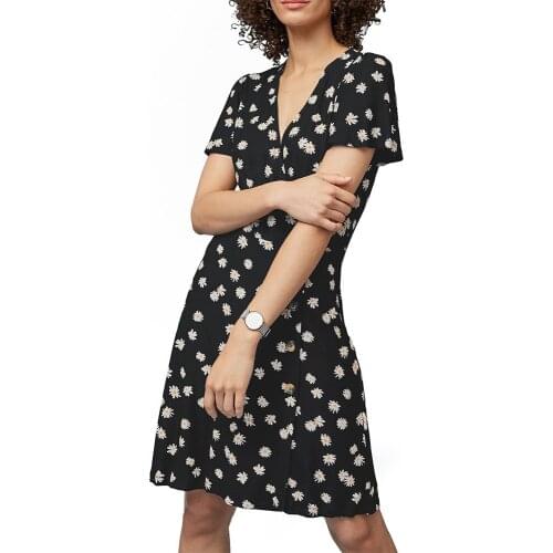 MOARCHO Prairie Chic Small Daisy Print Mini Dress Woman Deep V-Neck High Waist Short Sleeve Chiffon A-Line Dress 2021 New Chic
