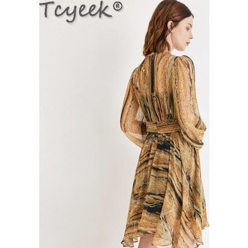 Quality High 200% Silk Dress Woman Spring Summer Dresses for Women Elegant Midi Dress Long Sleeve V-neck Vestidos 9944