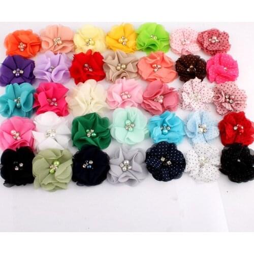 120PCS 2" 35 Colors Cute Chic Chiffon Flowers With Rhinestone Pearl Fabric Hair Flower With Clips For Girls Hair Accessories