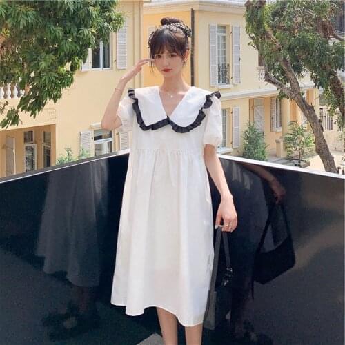 2021 Summer New Style Nightdress Womens Loose Nightgown Doll Collar Dress Medium Length A-line Skirt Home Clothes Sleepwear