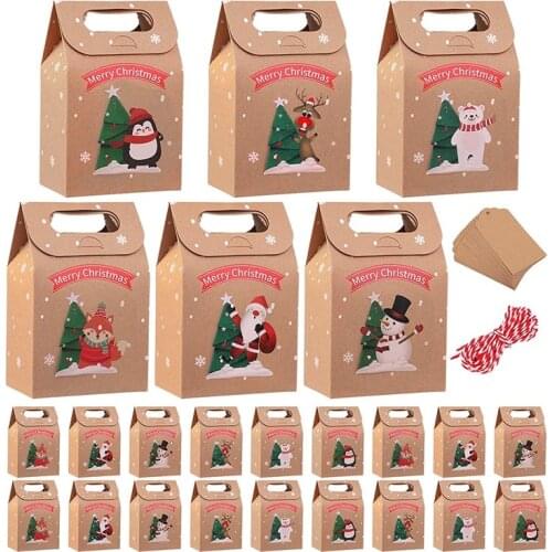 24 Pieces Christmas Party Gift Boxes Bags Xmas Party Candy Bag Kraft Paper Boxes for Xmas Decoration Supplies