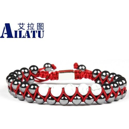 Ailatu Men Bracelet Double Raw Beaded 6mm Natural Hematite Stone & Blue Beads Friendship Macrame Bracelet 10pcs/lot