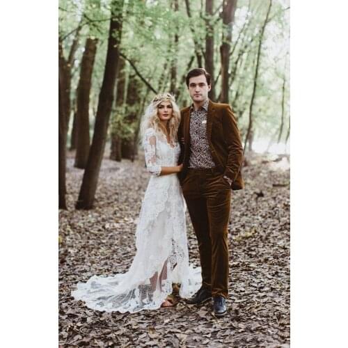 Bohemia Beach Wedding Dress Lace Half Sleeve Vestido De Noiva Sexy Backless Front split A Line Romantic Dresses Свадебное плать