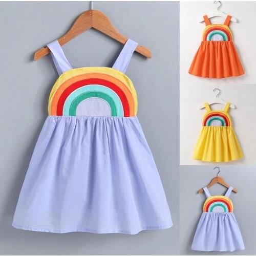 Kids Cute Rainbow Print Casual Dress Girls Comfortable Pure Cotton Sleeveless Dress for Summer Daily Children Clothes Gifts