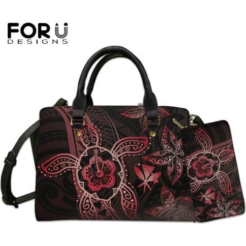 FORUDESIGNS Women Polynesian Tribe Bags Handbag 2Pcs Kanaka Hibiscus Plumeria Turtle Printed Female Casual Totes Clutch Purse