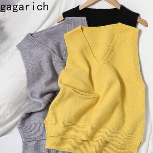 Gagarich Woman Sweater Vest Autumn New Ins Fashion Korea Solid Simple Elegant V-neck Pocket Stitching Versatile Female Split Top