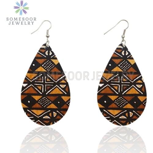 SOMESOOR African Fabric Style Printed Geometric Wood Earrings Tear Drop Bohemian Afro Ethnic Arts Dangle Jewelry For Women Gift