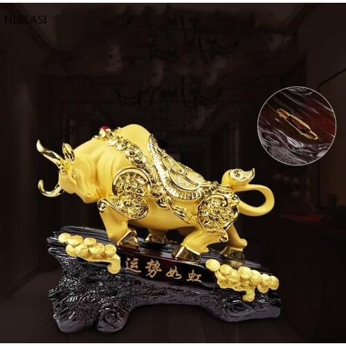 Chinese Fengshui Golden Lucky Money Cattle Resin Statue Home Decor Living Room Entrance Ornaments Housewarming Birthday Present
