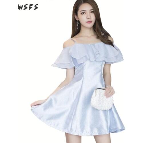 Summer Blue Dress Spaghetti Strapless Ruffles Summer Women Dresses 2019 Elegant Bodycon Sexy Party Ladies Mini Aline Sundress