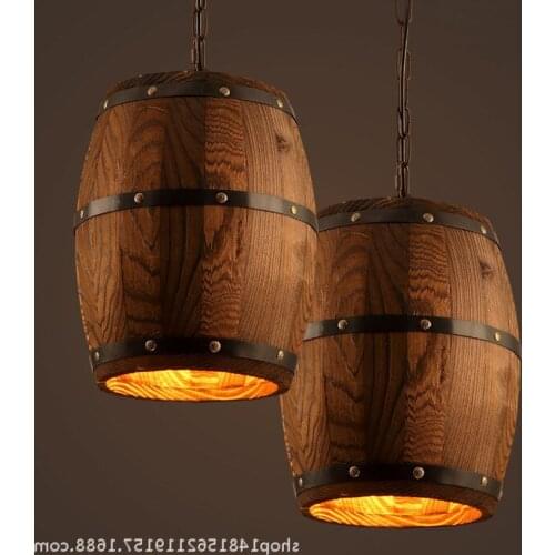 Loft American Village Wooden Wine Barrel Pendant Light Barrel Bucket Dining Room Bedroom E27 Fixture Hanging Lighting Bed Ing