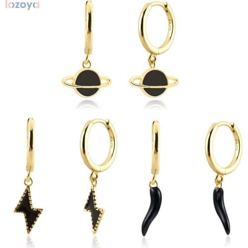 Lozoya New 925 Sterling Silver Drop Earring Clips Gold Black Globe Thunder Lightning Chili SATURN Aros Rayo Negro Enamel Jewels