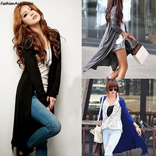 New Fashion Black/Gray Long Cardigan Women Outerwear Thin Kimono Cardigan Long Sleeve Loose Asymmetric Hem Plus Size Women