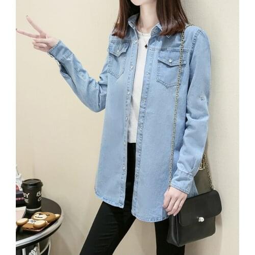 Spring new denim shirt female long-sleeved college style slim slimming Korean style all-match shirt