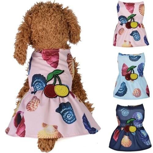 New Summer Dog Conch Beach Cherries Dress Pet Dog Puppy Clothes Princess Printing Skirt for Small Medium Dogs Chihuahua Dress