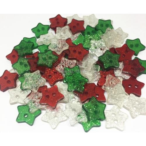 300pcs 14mm Christmas Mixed Resin Red Silver Green Glitter Star Buttons Sparkle Sewing 2 Holes Accessories Embellishments Crafts