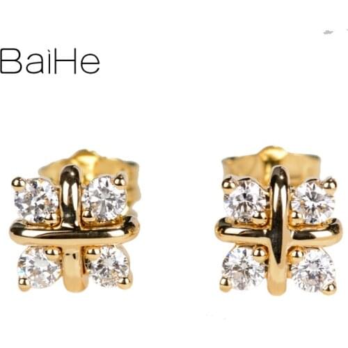 BAIHE Genuine Solid 14K Yellow Gold 0.40CT H/SI Natural Diamonds Wedding Trendy Fine Jewelry Leisure Stud Earrings Women Cерьги