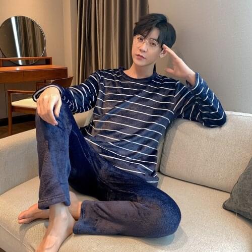 Blue Mens Velvet Soft and Comfortable Flannel Green Middle-aged Home Leisure Warm Suit Round Neck Pullover Mens Pajamas