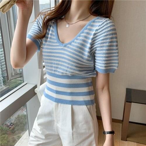 Knitted Short Sleeve Pullovers All Match Women Clothing 2021 Summer Korean Fashoin High Street Stripe Short Cardigan Tops Femme