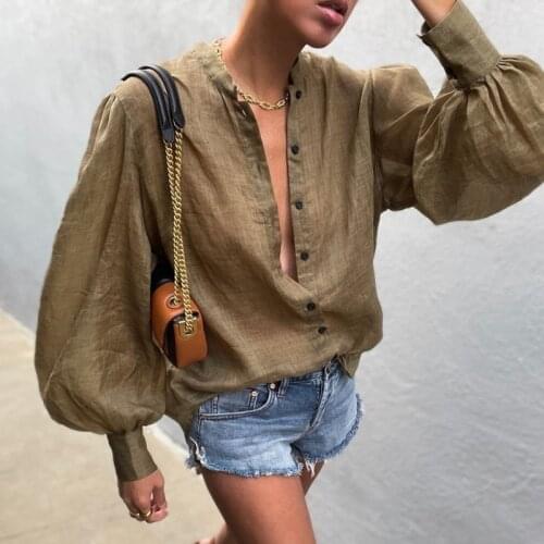 Harajuku Vintage Solid Color Shirt Tops Woman 2021 Solid Color Puff Sleeve Loose Top Fashion Casual White Single-breasted Shirt