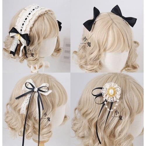 Japanese Soft sister Lo Niang Cute Hair band Lace Hairpin Sweet Side clip Black KC Bowknot Hair hoop Handwork Headdress Cosplay