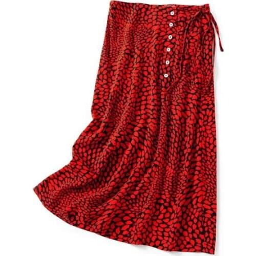 ElfStyle Ladies High Waist Viscose Floral Printing Midi Skirt With Button Closure & Waist Ties Detail